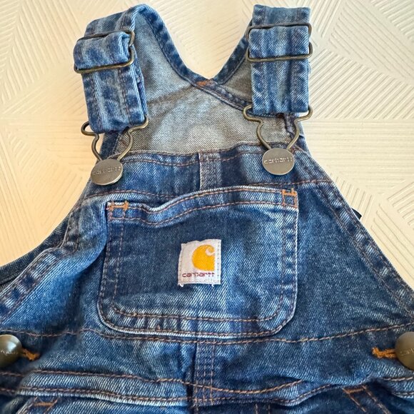Carhartt Baby Denim Short Overalls Size 3 Months Classic Blue Jean Romper Logo - Picture 9 of 9